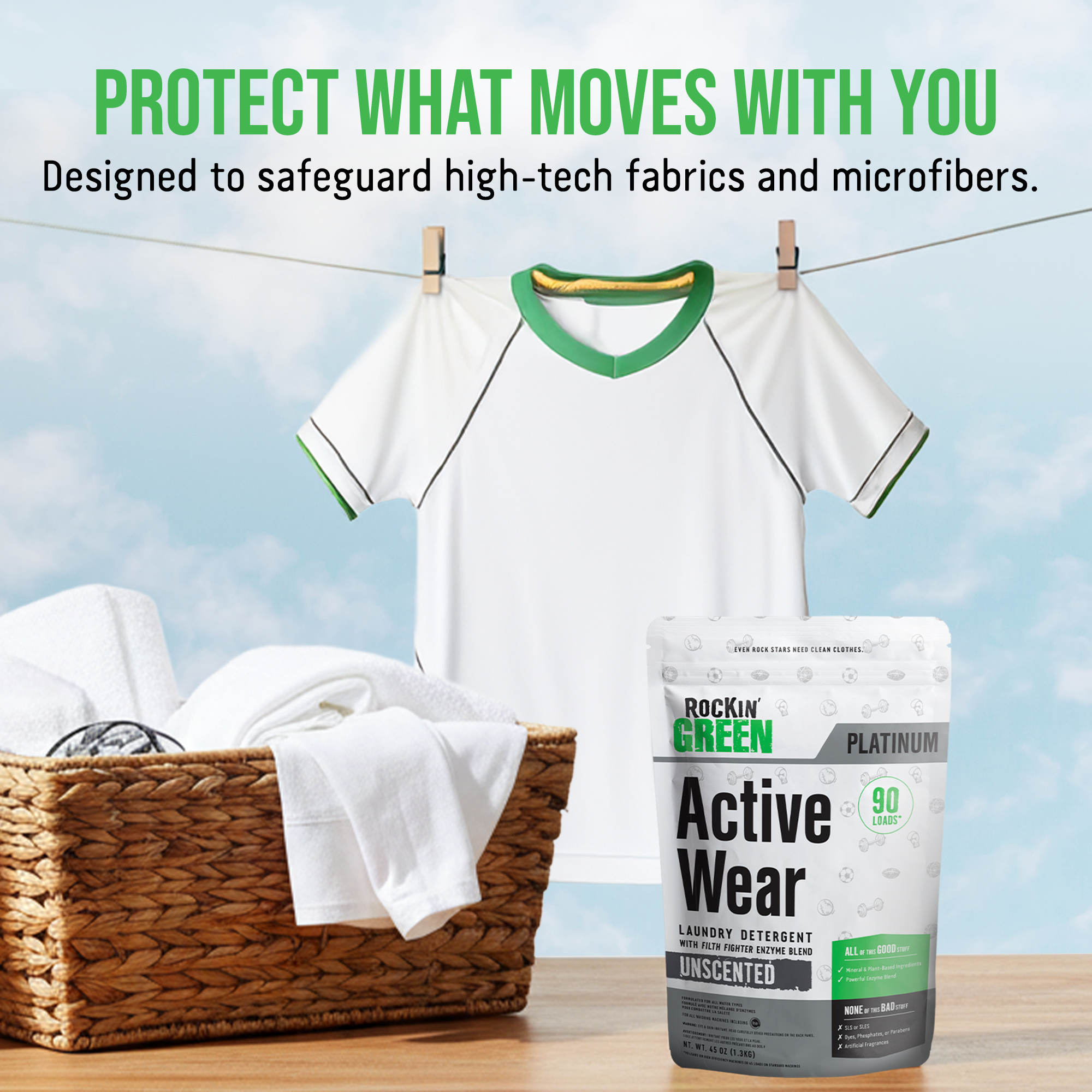 A white shirt hangs near a basket and Laundry Detergent's Active Wear Laundry Detergent: Unscented.