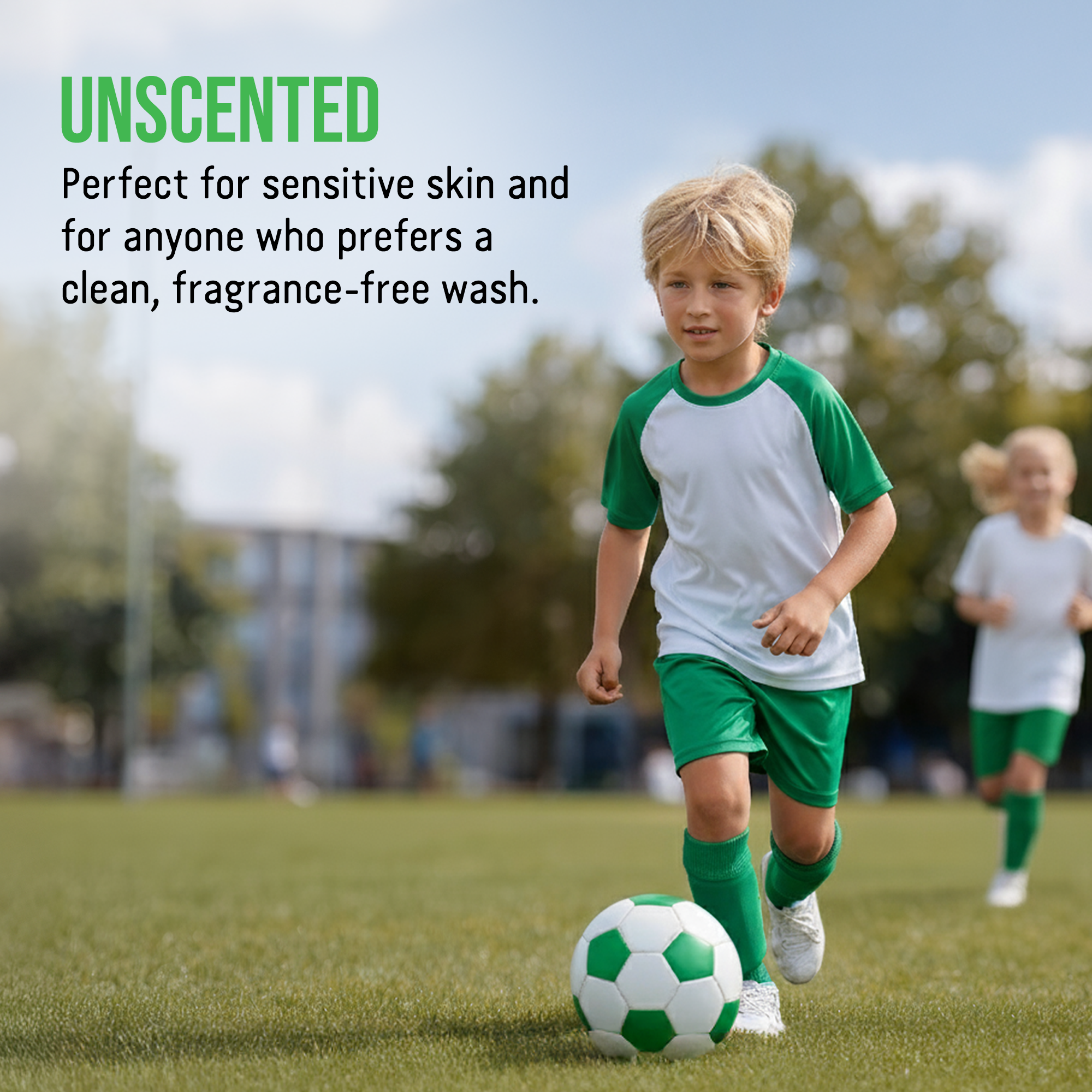 Young player kicks a ball—Laundry Detergent Active Wear keeps uniforms clean for up to 90 loads.