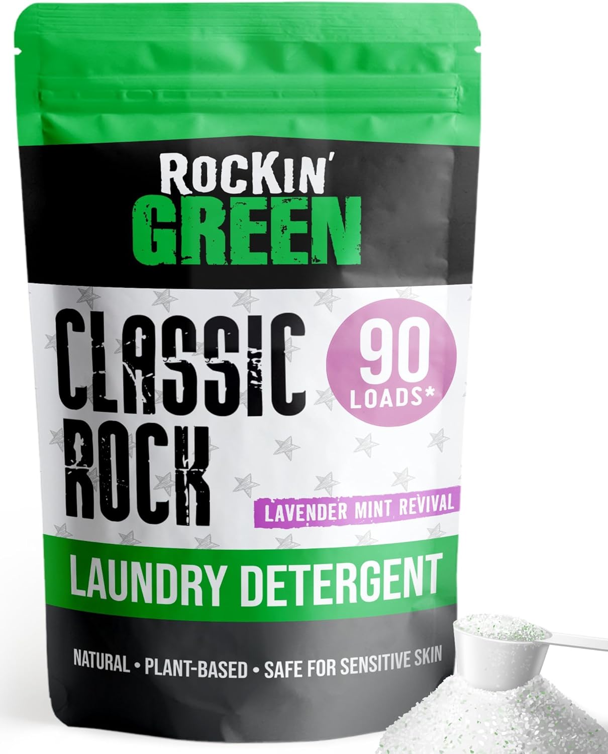 Biodegradable, non-toxic Rockin Green Classic Rock Lavender Mint Revival detergent, 90 loads with a scoop.
