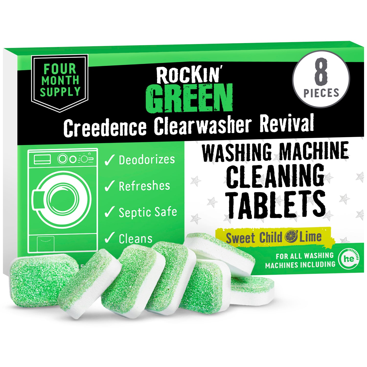 Box of Rockin Green Washing Machine Cleaning Tablets - 8 Pack.