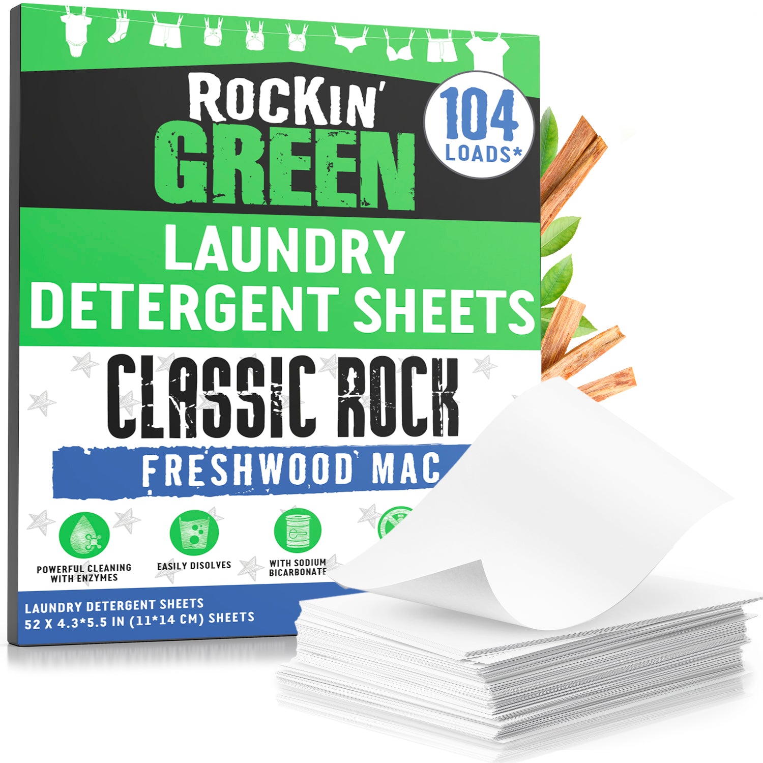 Classic Rock Laundry Detergent Sheets: Unscented (102 Loads) box stacked before lush green leaves.