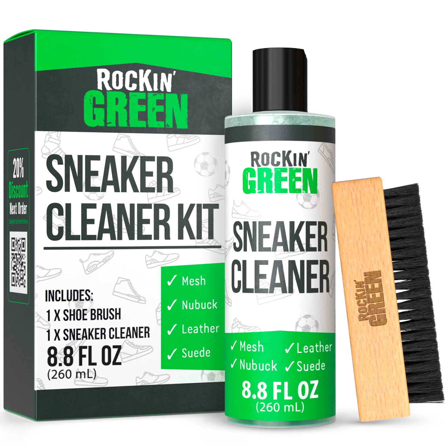 Rockin Green Shoe Cleaning Kit includes a bottle, brush, and comes in box packaging.