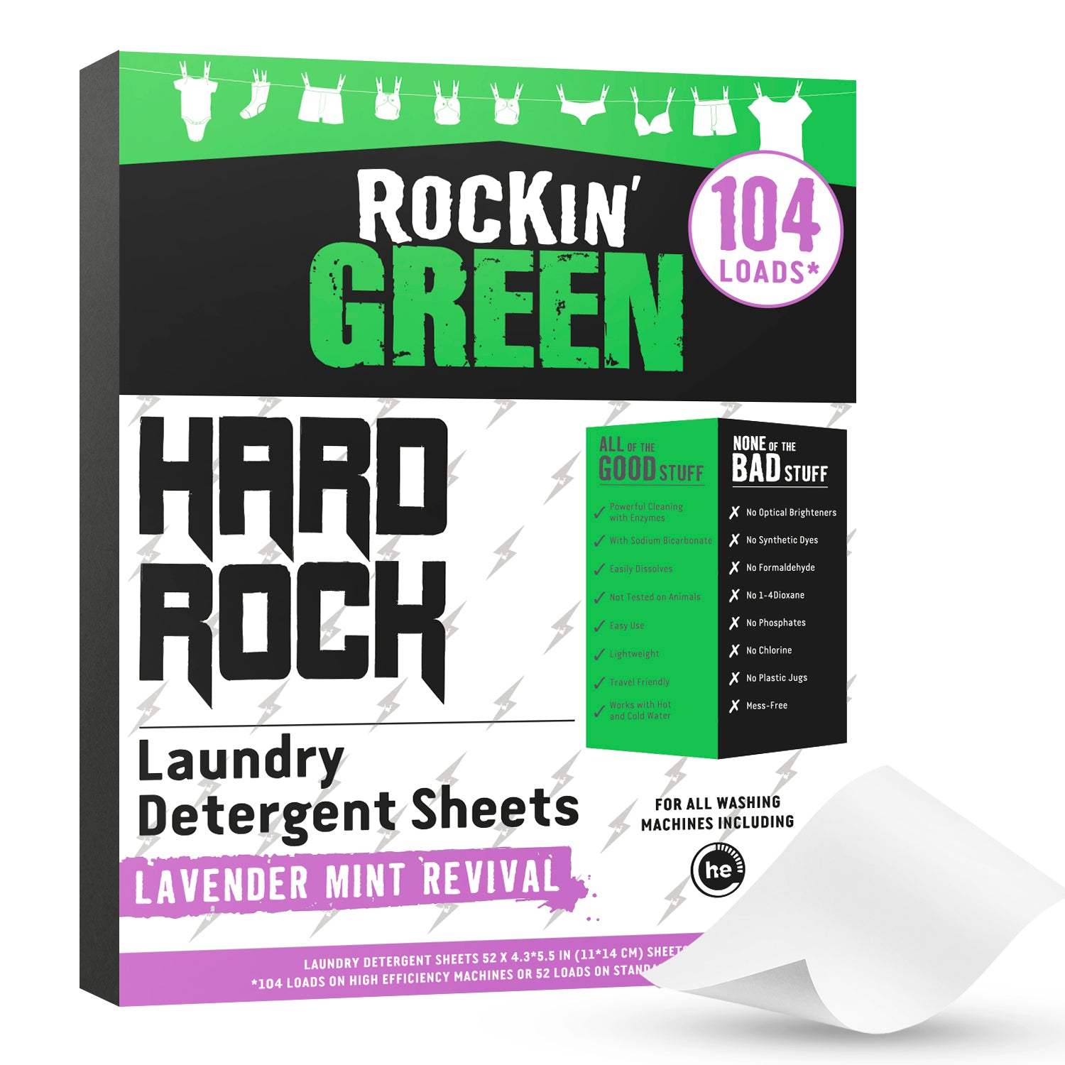 Laundry Detergent Hard Rock Travel Sheets, unscented, for hard water; 104 loads.