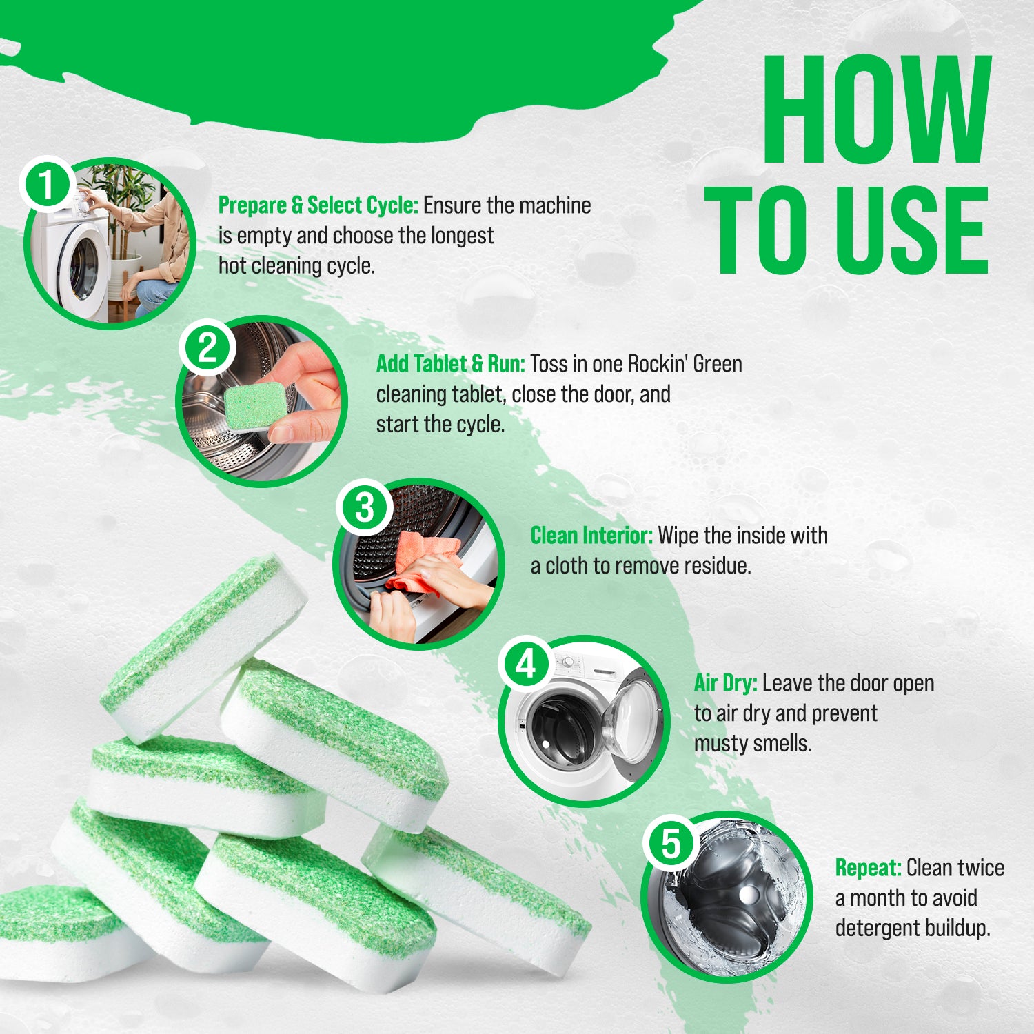 Rockin Greens Washing Machine Cleaning Tablets, 8 Pack: step-by-step image/text usage instructions included.
