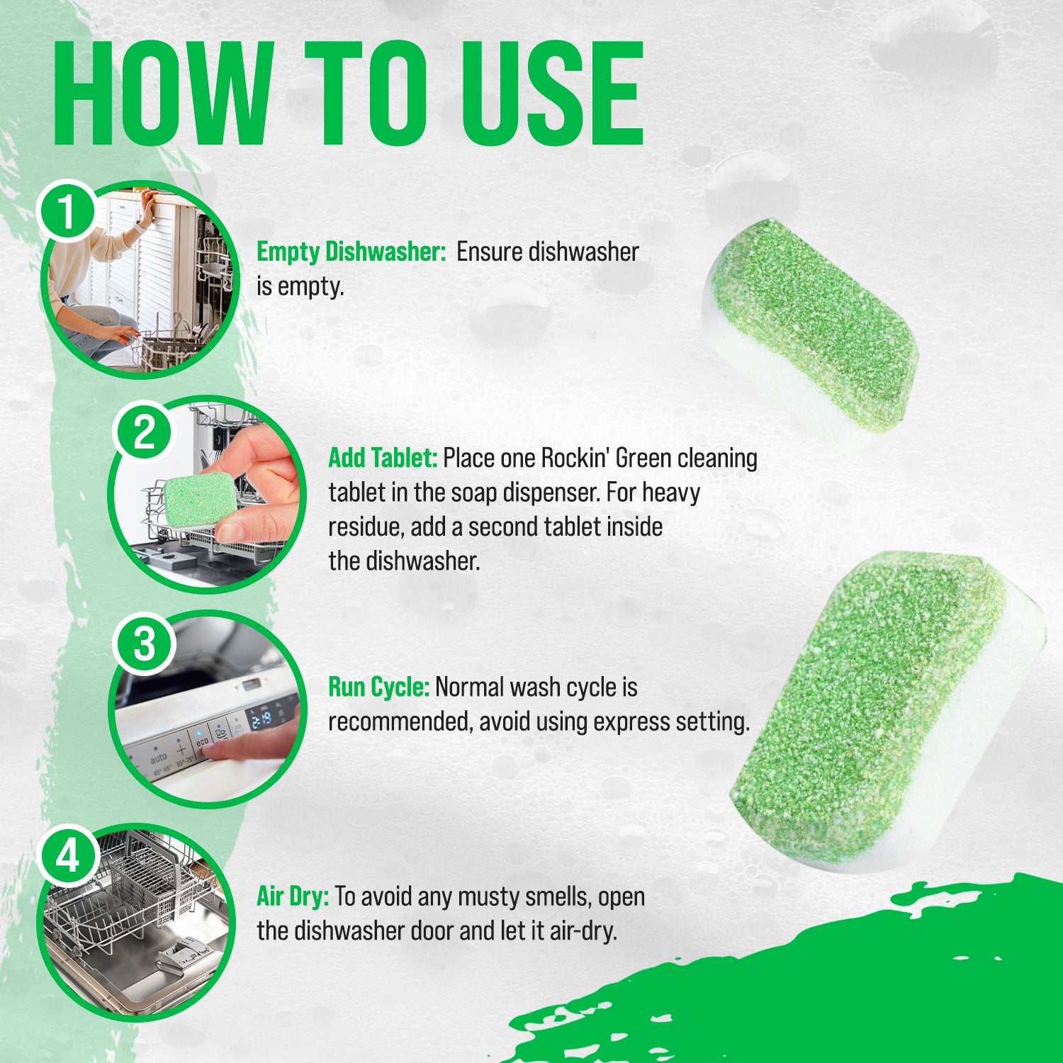 Step-by-step instructions for Rockin Green Dishwasher Cleaning Tablets - 8 Pack, featuring green accents.