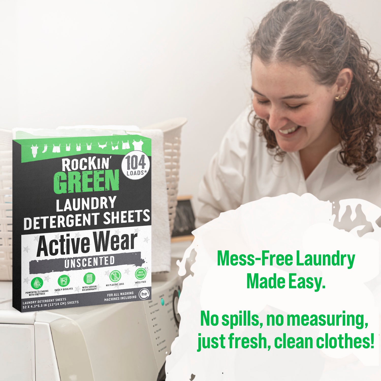 A smiling woman does laundry with Rockin Green Active Wear Laundry Detergent Sheets.