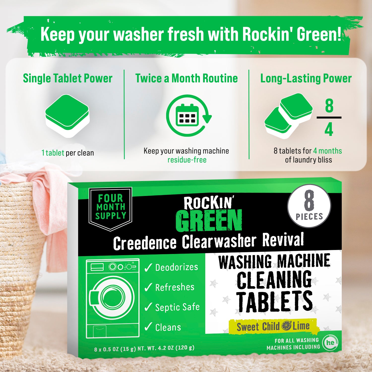 Rockin Greens 8-pack Washing Machine Cleaning Tablets offer cleaning benefits and maintain freshness.