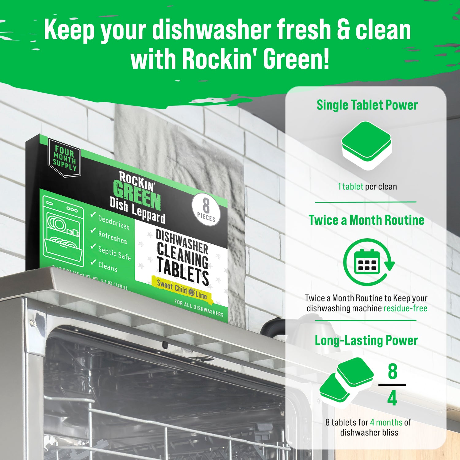 Rockin Greens 8-pack Dishwasher Cleaning Tablets include descaler benefits and usage instructions.