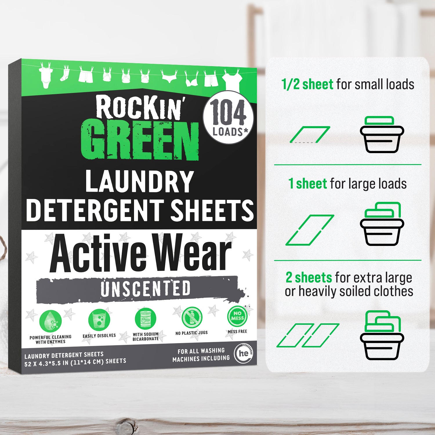 Rockin Green Active Wear Laundry Detergent Sheets with instructions for various load sizes.