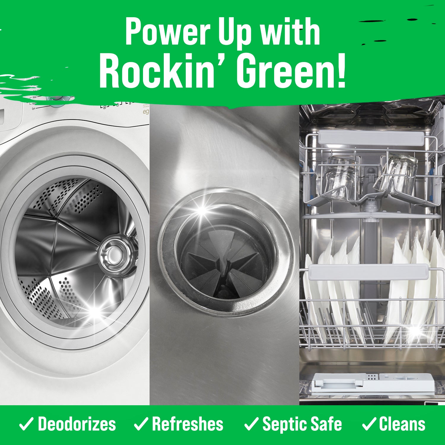 Washers, sinks, and dishwashers shine easily with Rockin’ Green cleaning tablets (24 Pack).