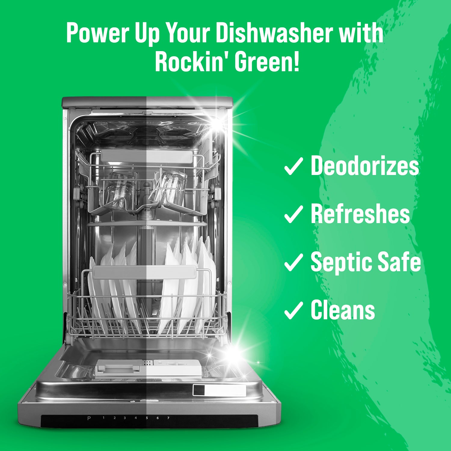 Dishwasher with white plates against green background, highlighting Rockin Green deodorizer and cleaning benefits.