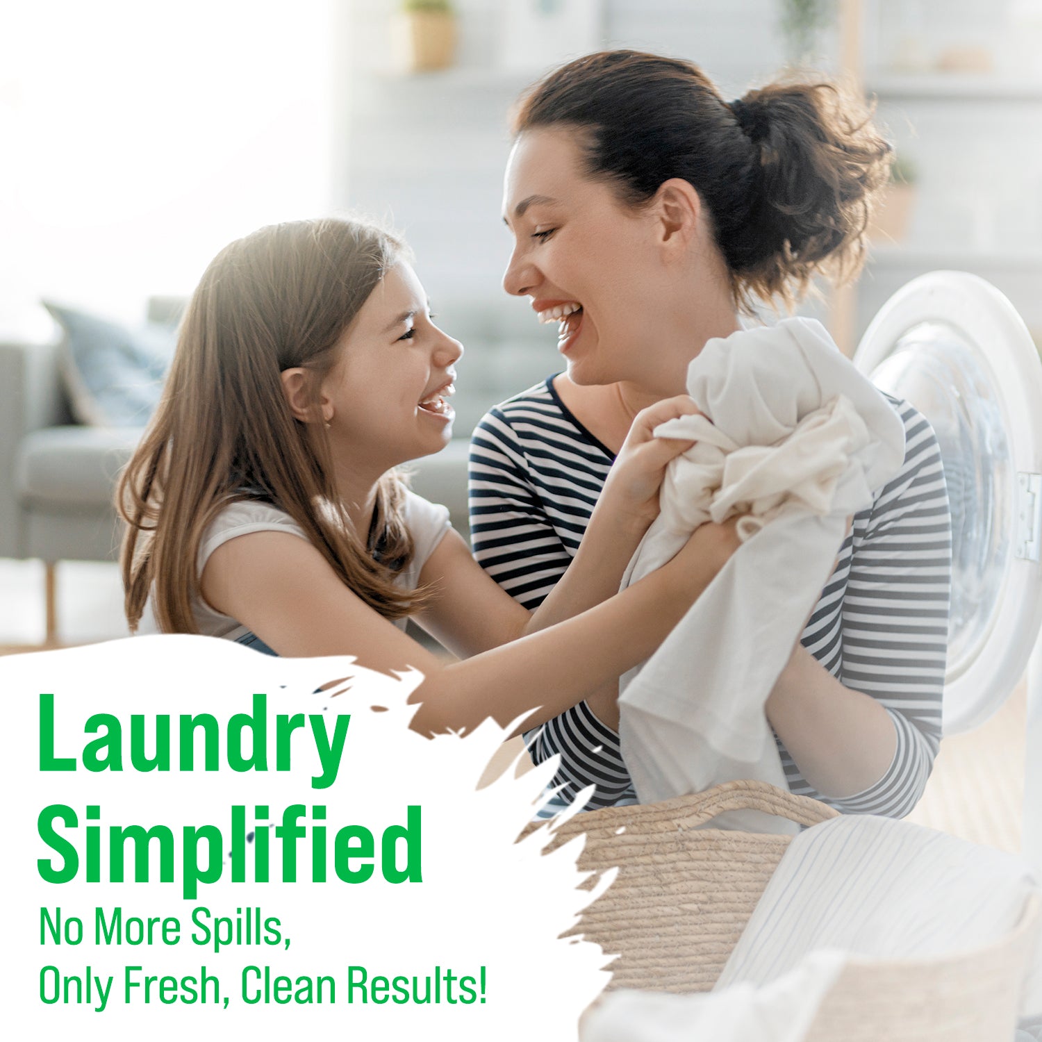 Mother and daughter smile while doing laundry with Rockin Green Active Wear Laundry Detergent Sheets.