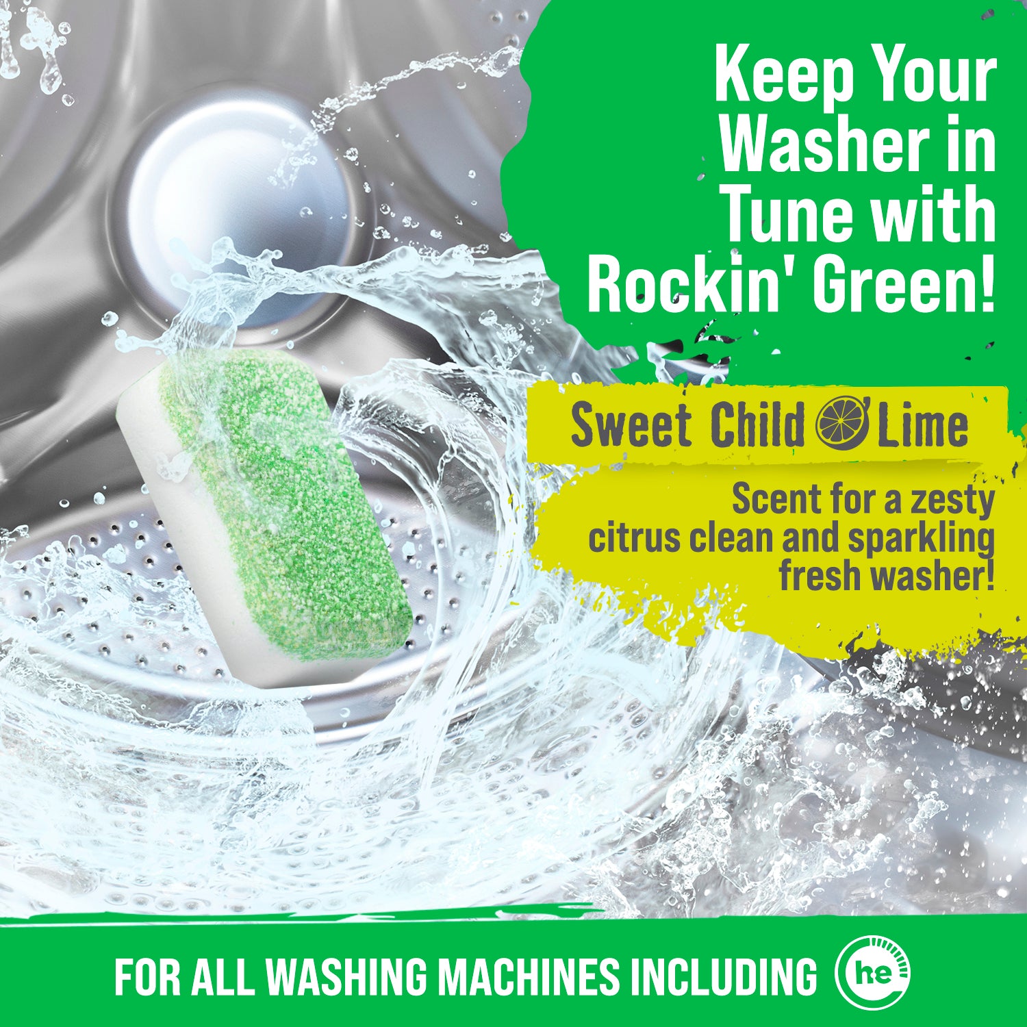 A Rockin Green cleaning tablet in a washer promotes the Washing Machine Cleaning Tablets - 8 Pack.