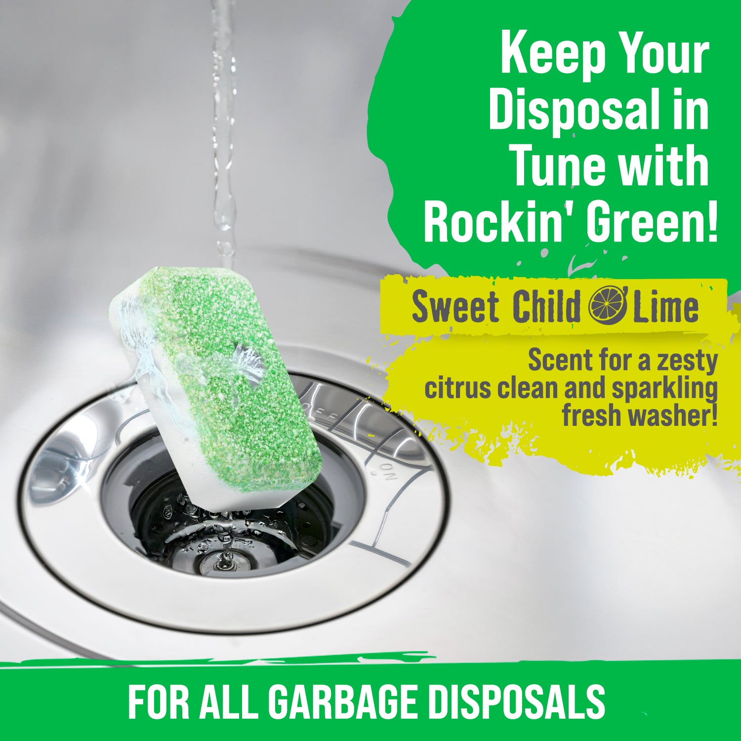 Rockin Green Garbage Disposal Tablets, 8 Pack, lime-scented for fresh-smelling kitchen drains.