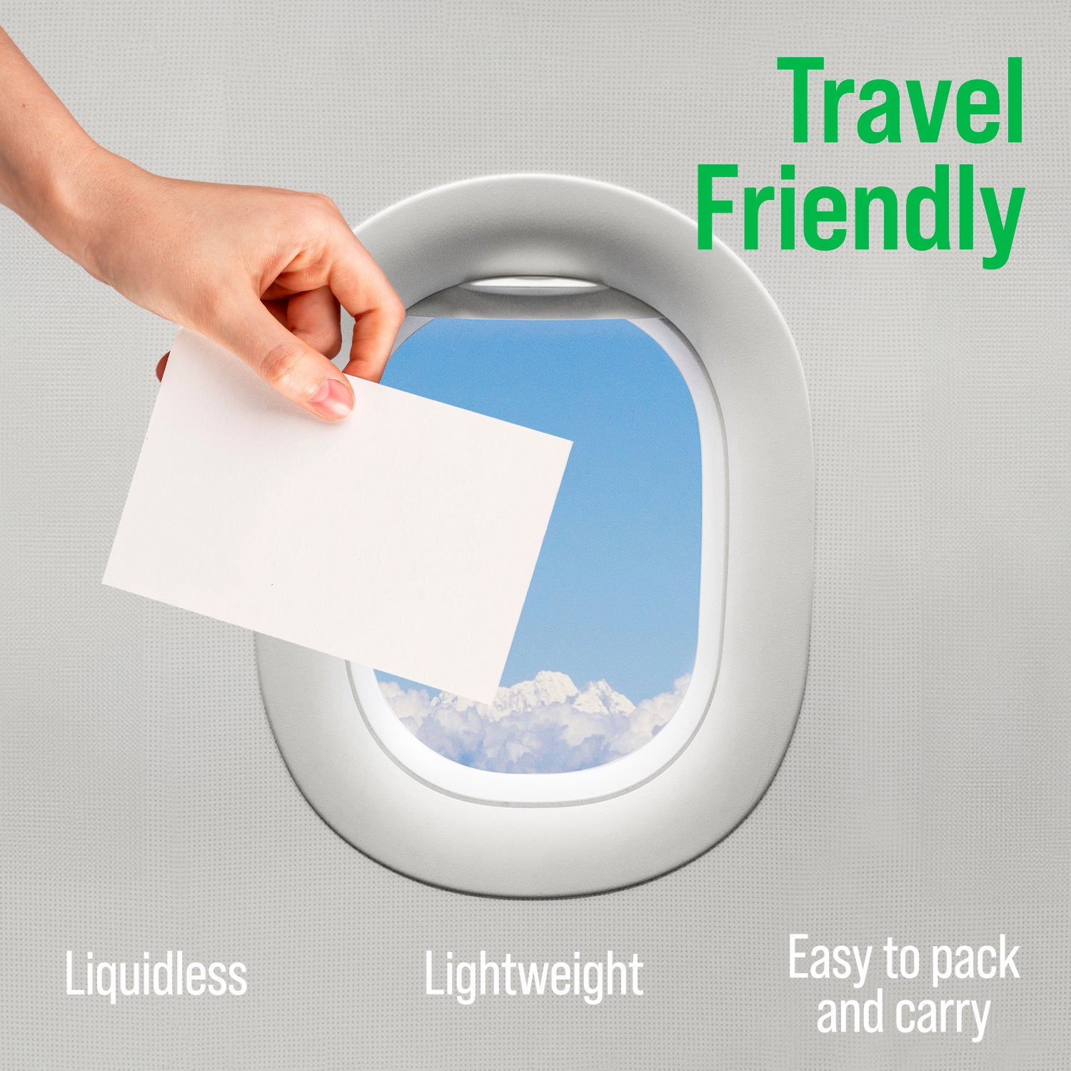 A hand holds a blank card by an airplane window; text: Travel-Friendly, Plant-Based Rockin Green Detergent Sheets.