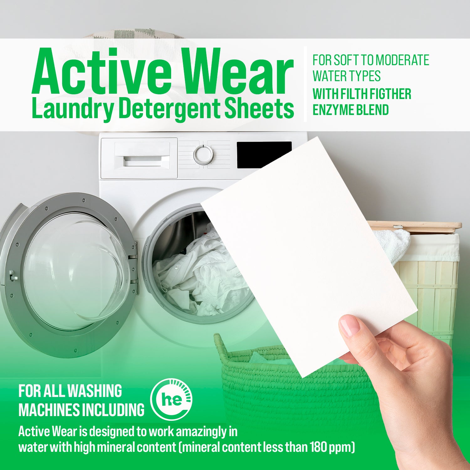 Hand holding a Rockin Green Active Wear Laundry Detergent Sheet by an open washer with towels nearby.