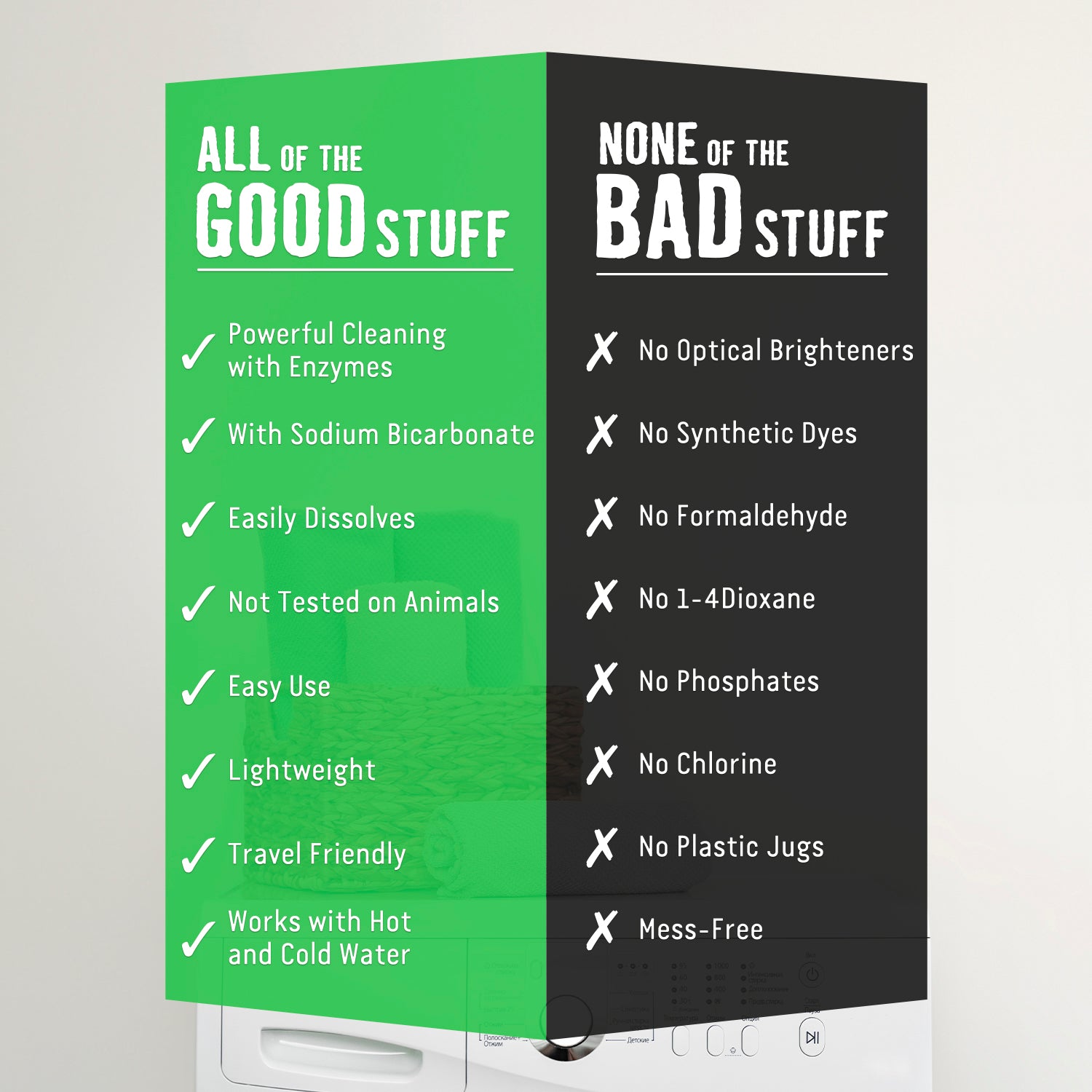 A chart lists green plant-based and black harmful ingredients in Rockin Green Active Wear Detergent Sheets.