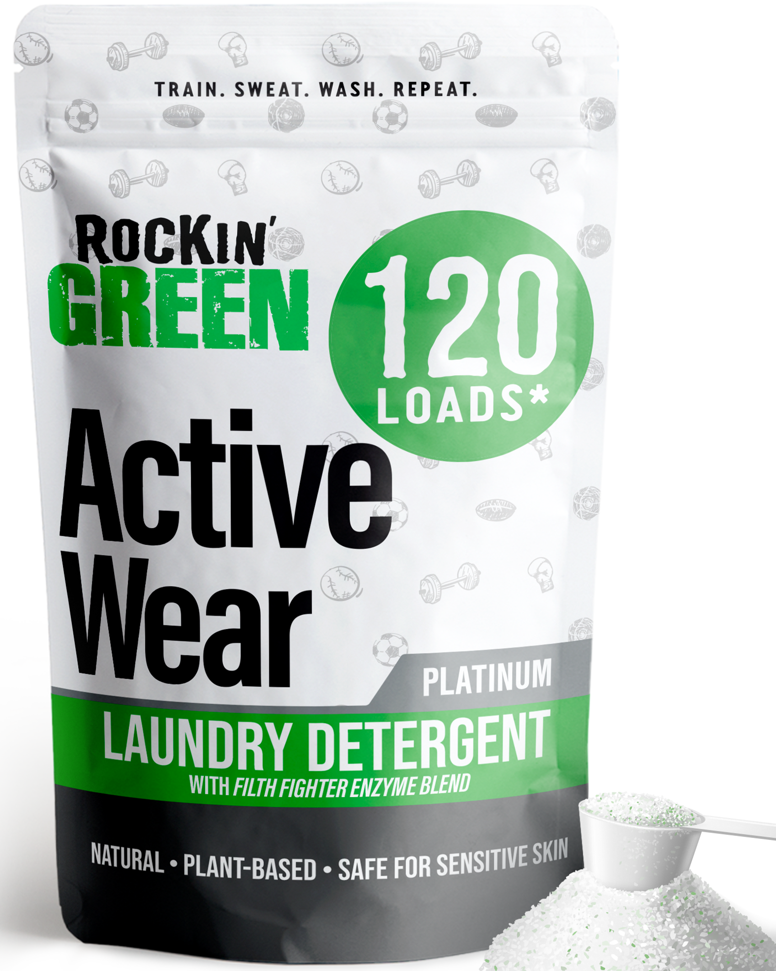 Rockin Green Active Wear Detergent Platinum Series: plant-powered, scoop included, 120 loads.