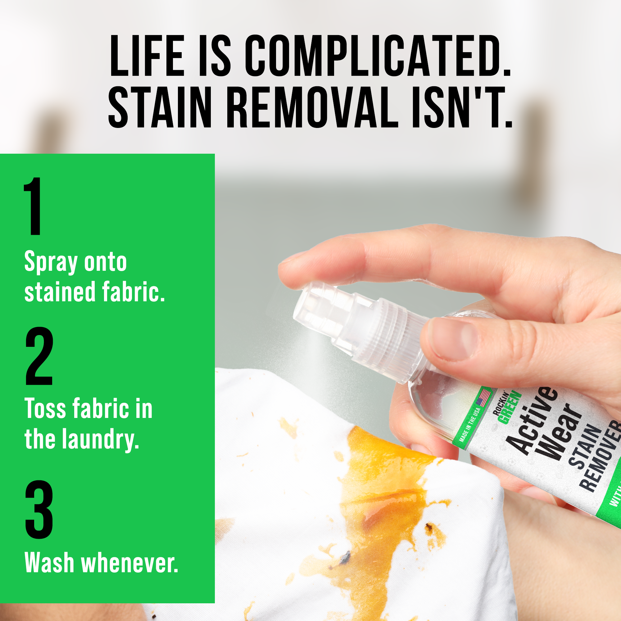 Use Rockin Greens 4 Oz Activewear Stain Remover with instructions for fresh shirts.