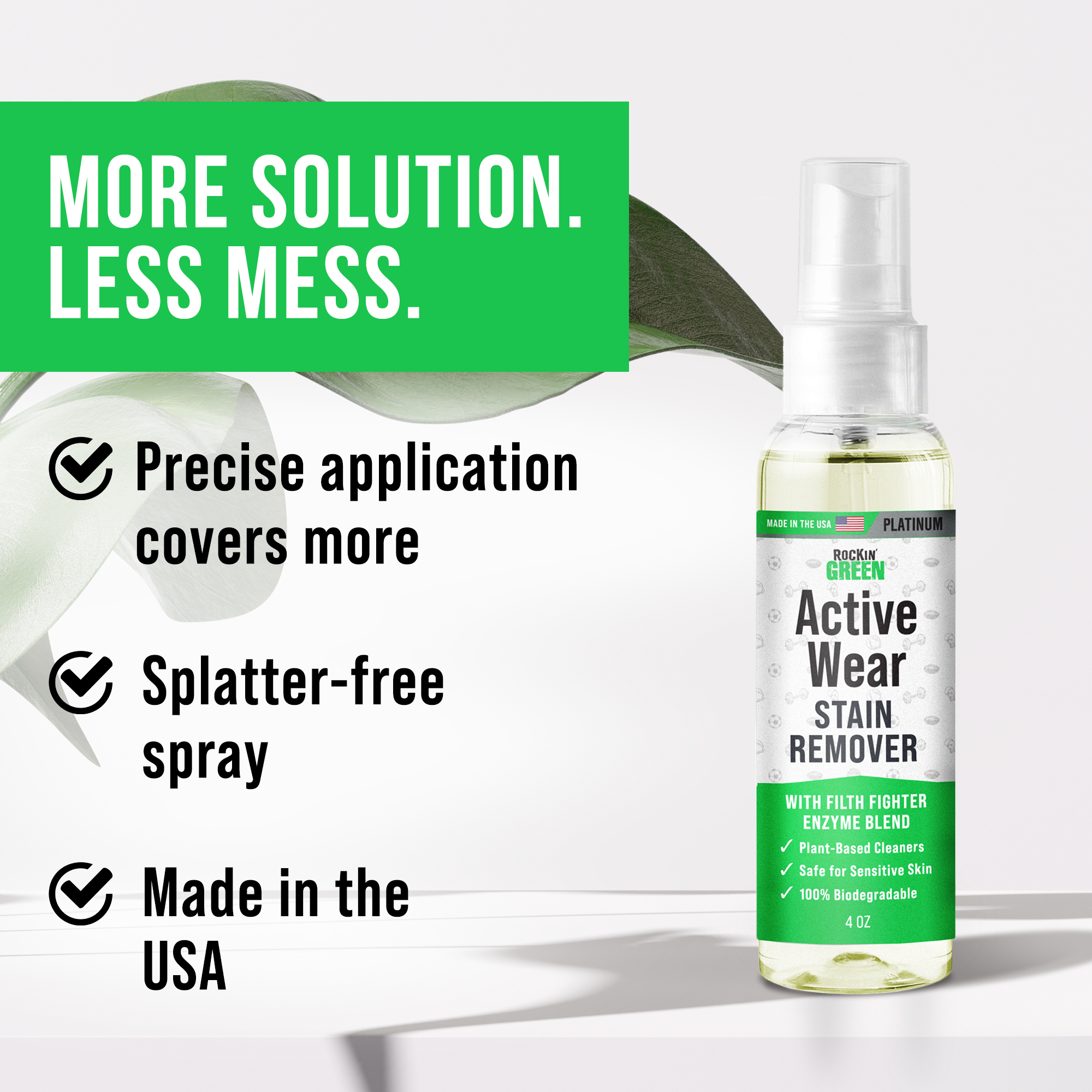 4 oz spray of Rockin Greens Activewear Stain Remover with plant-based ingredients and feature text.