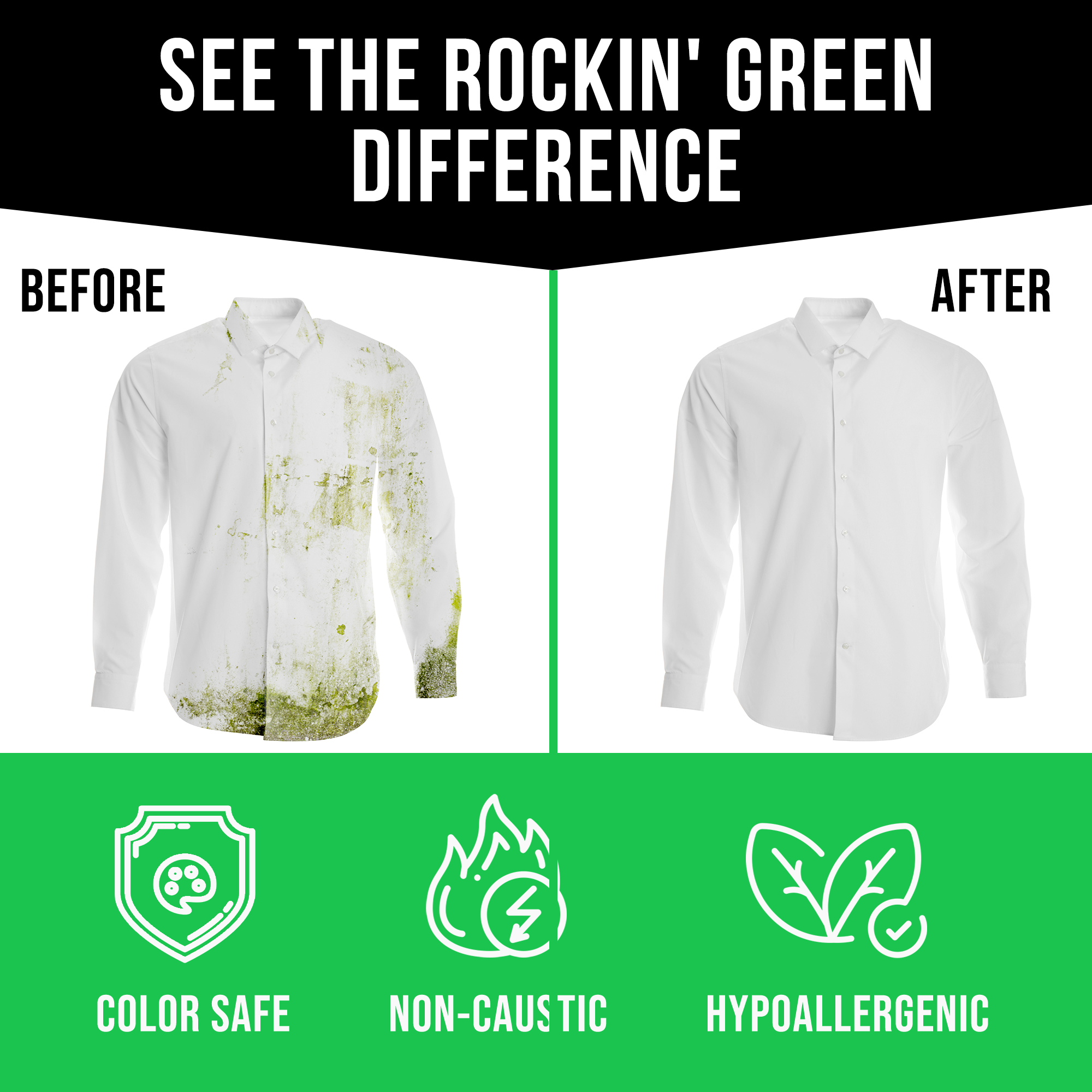 Before and after comparison of a shirt cleaned with Rockin Greens 4 Oz Activewear Stain Remover; color safe.