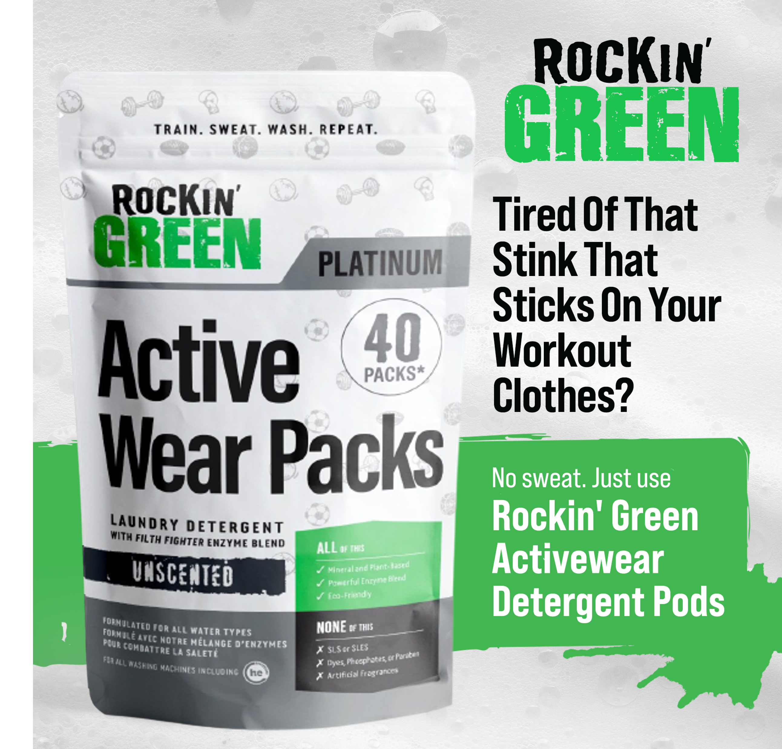 Rockin Green Active Wear Laundry Detergent PODs (40) remove workout clothes odor, eco-friendly.