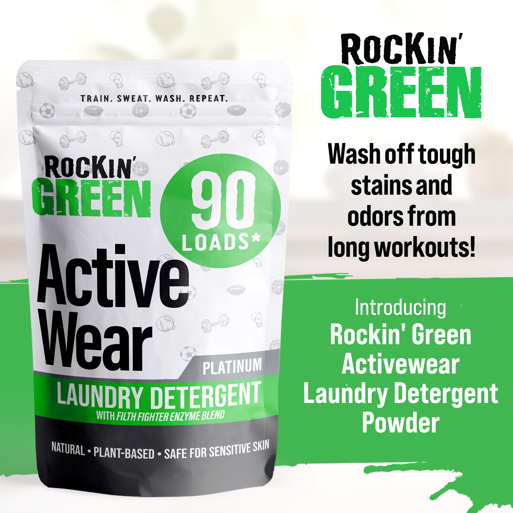 Rockin Greens Active Wear Detergent Platinum removes stains and odors with plant-based enzymes, 90 loads.