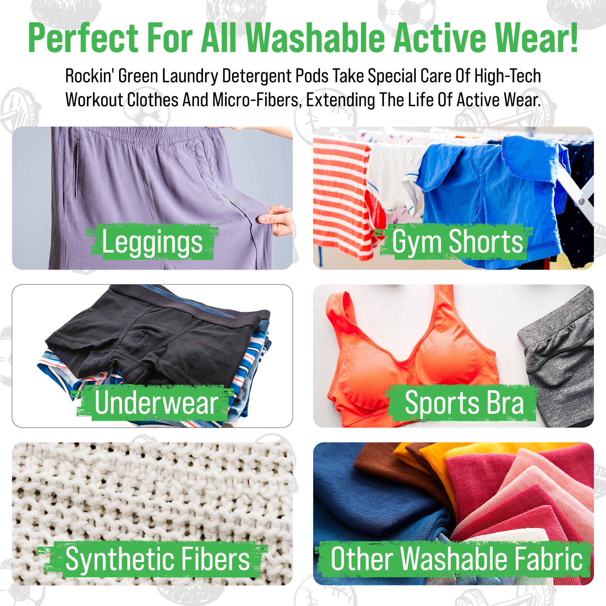 Rockin Greens Active Wear Laundry Detergent PODs: gentle on sensitive skin for leggings, gym shorts & more.
