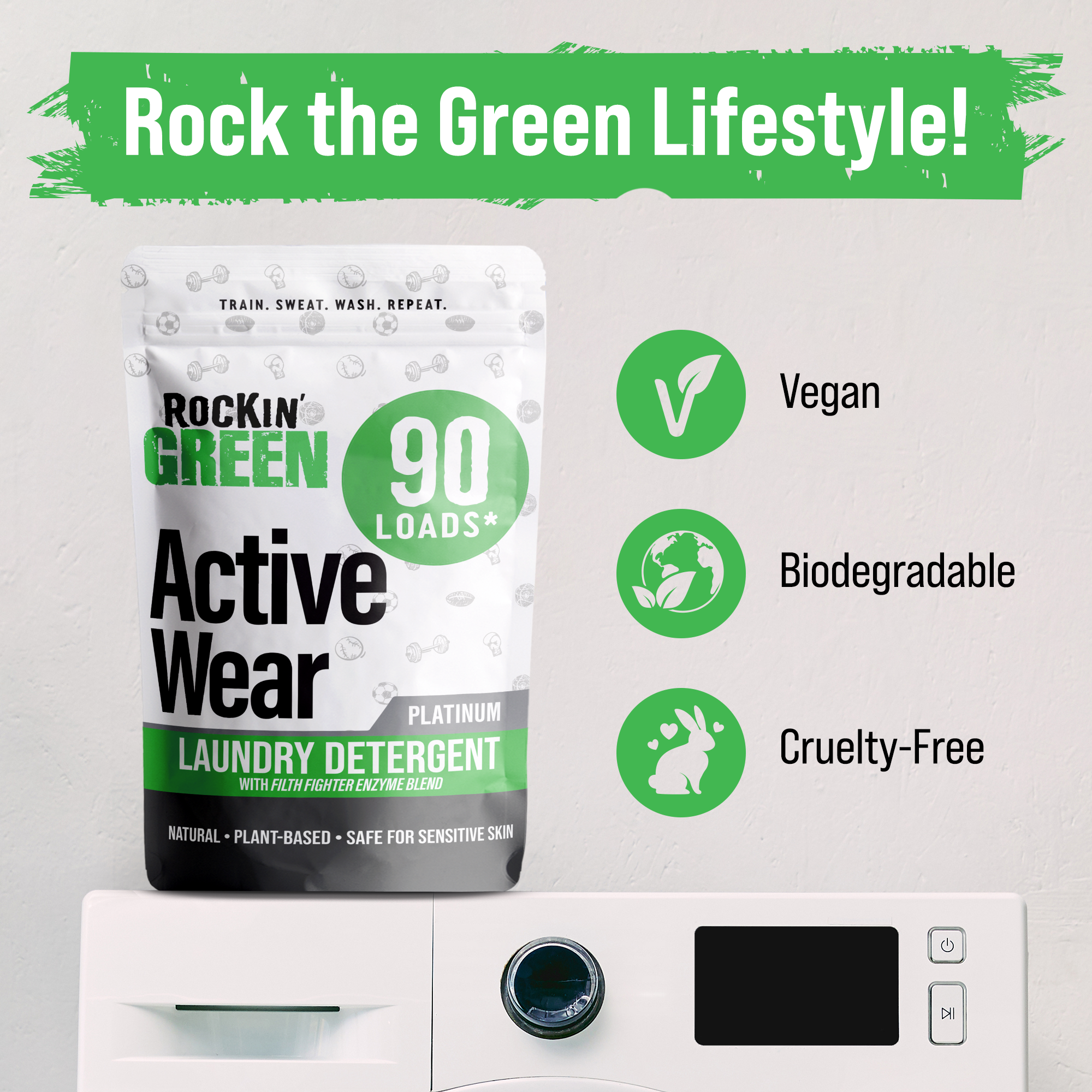 Rockin Green Active Wear Detergent Platinum Series with plant-based enzymes, eco-friendly for machines.