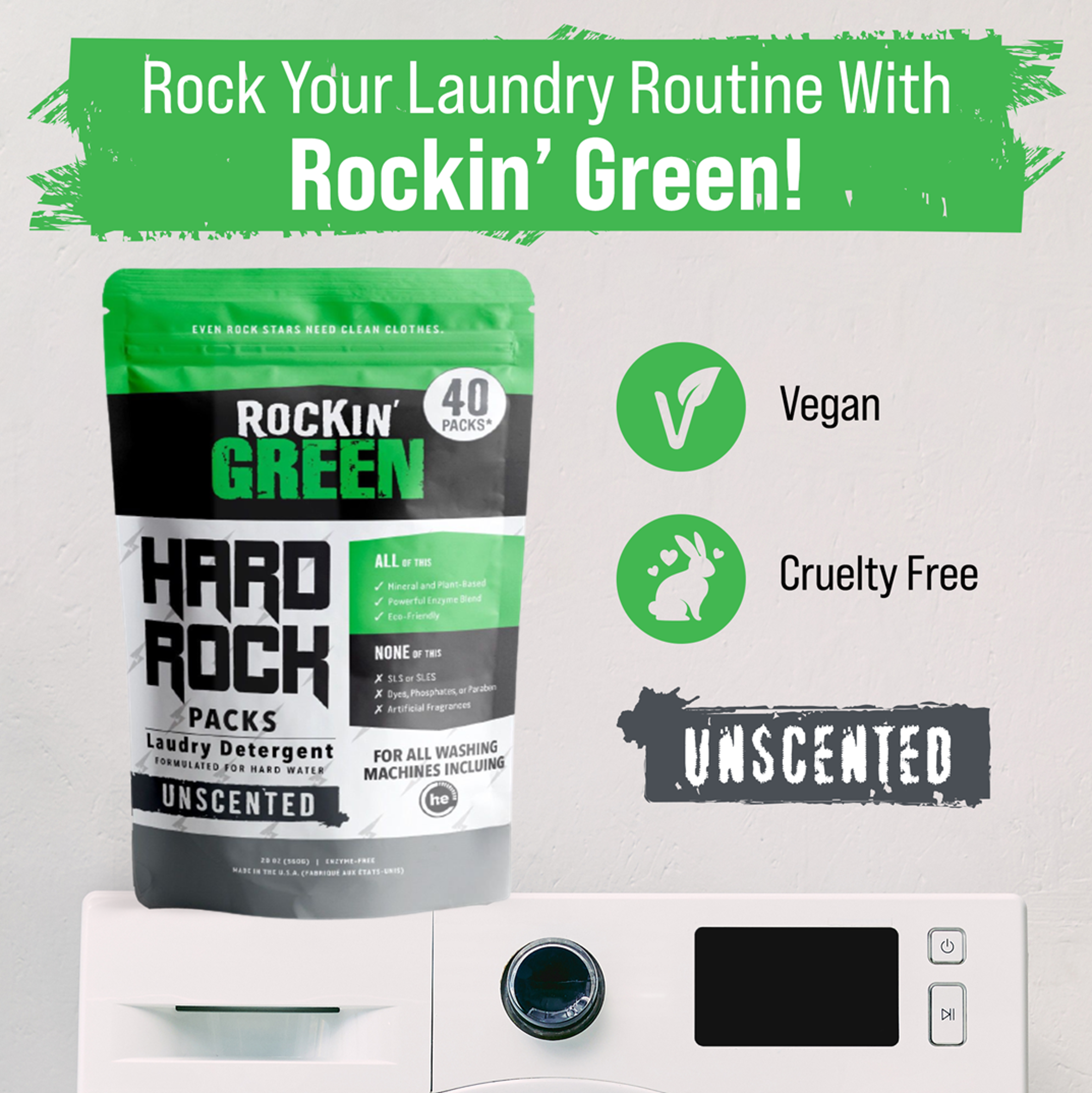 Rockin Green Hard Rock Laundry Detergent PODs: vegan, cruelty-free, unscented and suitable for any wash.