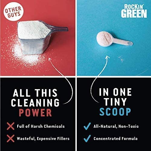 Compare: Small scoop of Rockin Greens Active Wear Detergent vs large scoop of Other Guys.