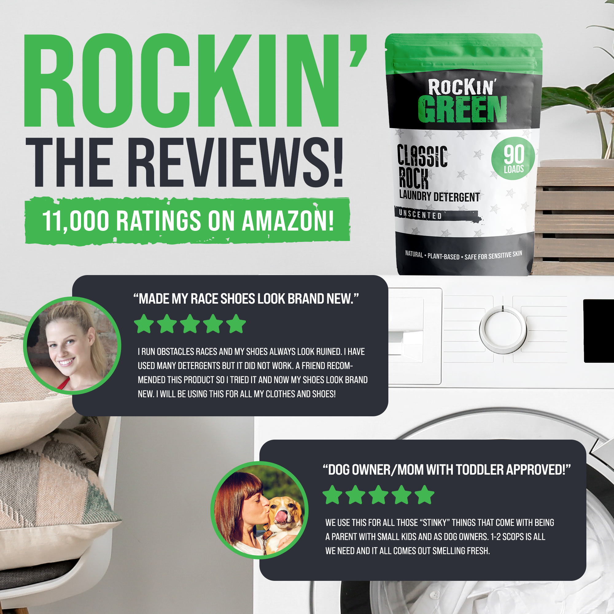 Rockin Greens Classic Rock unscented detergent, praised for stain removal on shoes and household items.