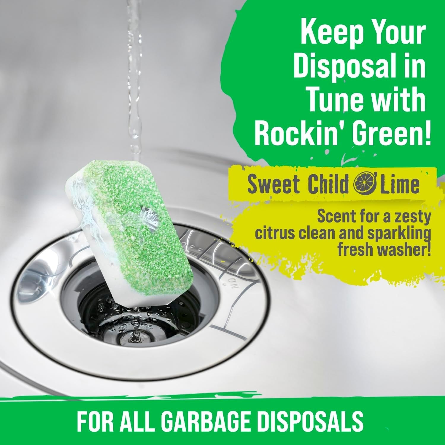 A Rage Against the Appliances-Spring Bundle tablet by Rockin Green hovers over a sink, promoting lime scent.