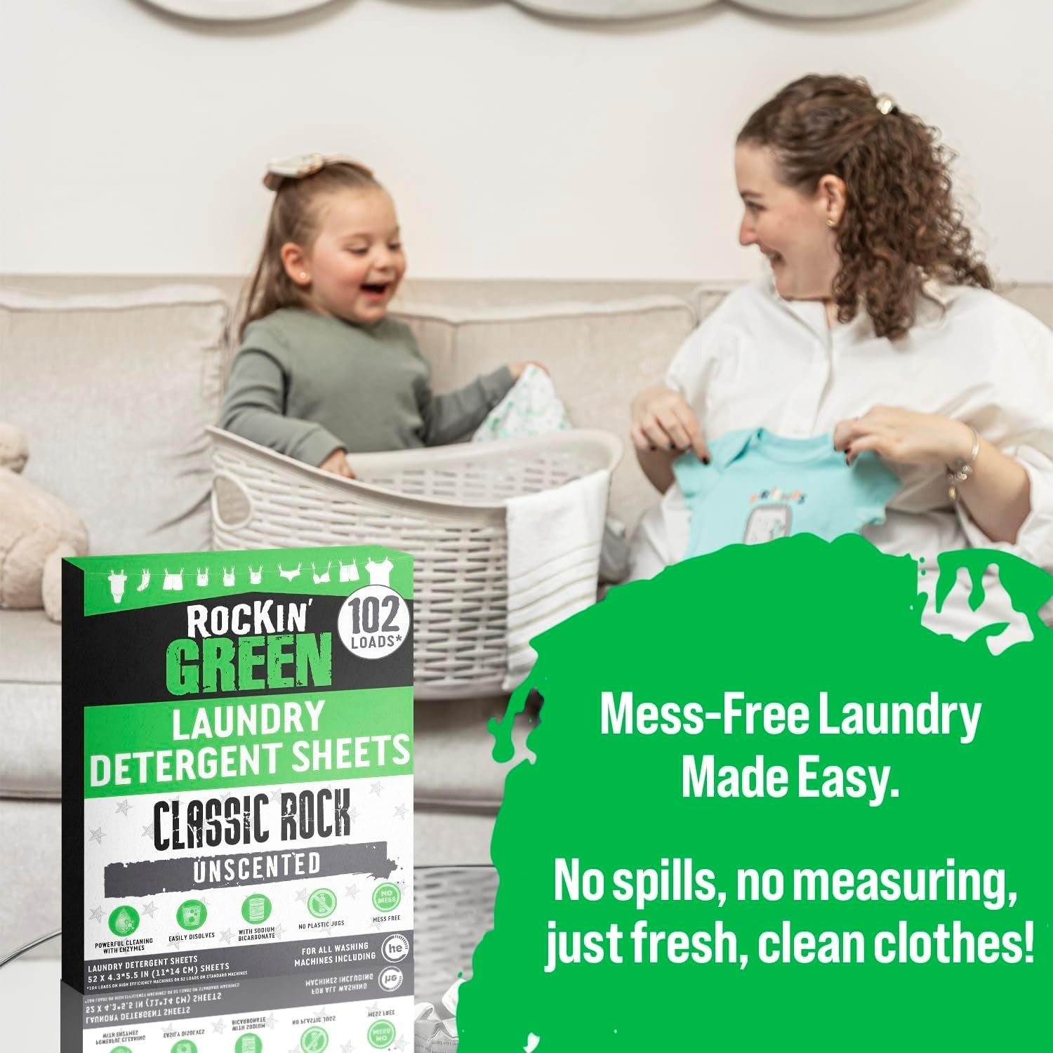 A smiling woman and child fold laundry with Bruce Spring-Clean Starter Kit - Spring Bundle nearby.