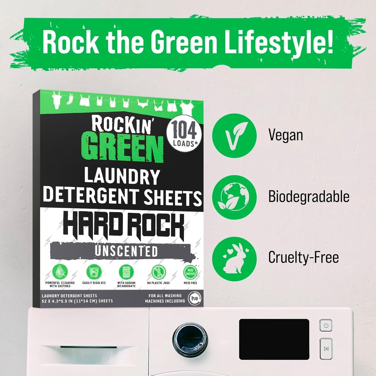 Laundry Detergent Hard Rock Sheets for hard water, unscented, 104 loads—vegan & biodegradable.
