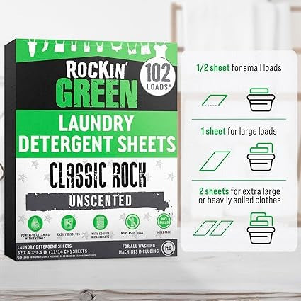 Classic Rock Laundry Detergent Sheets: Unscented (102 Loads) with load size guide shown beside the box.