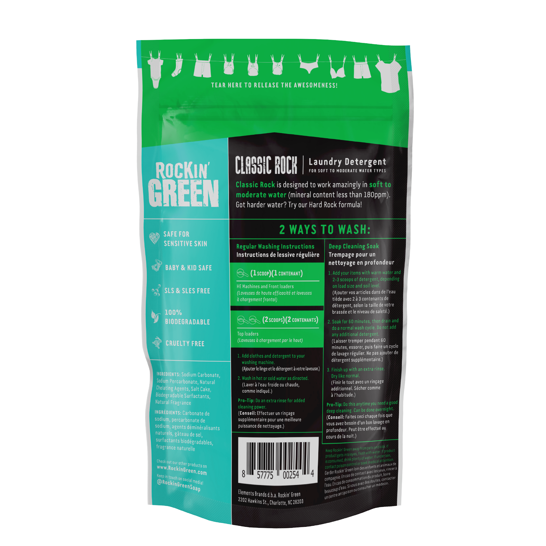 Back view of Rockin Greens Classic Rock - AC/DSea Breeze detergent package with product details.