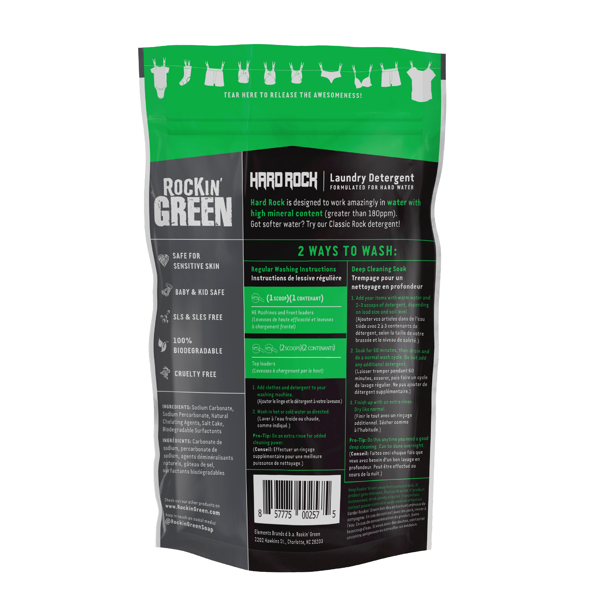 Back view of Rockin Greens Hard Rock Unscented Laundry Detergent package with usage instructions.