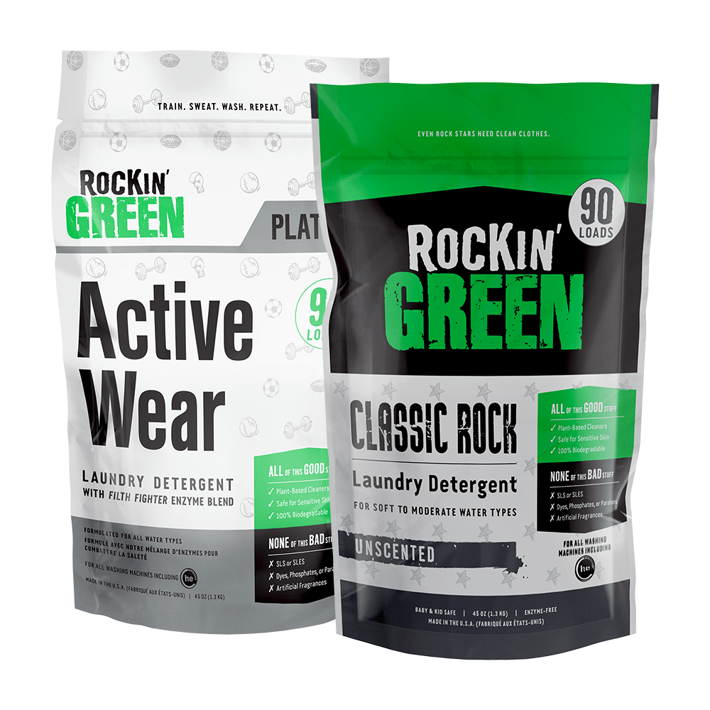 Two Rockin Green bags: Lets Get Physical Bundle for Normal Water - Active Wear and Classic Rock, 90 loads each.