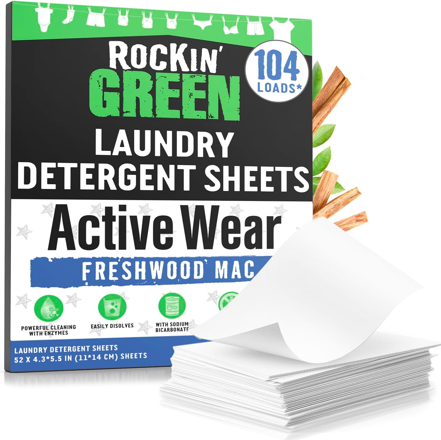 Rockin Green Active Wear Laundry Detergent Sheets Freshwood Mac box with sheets stacked in front.