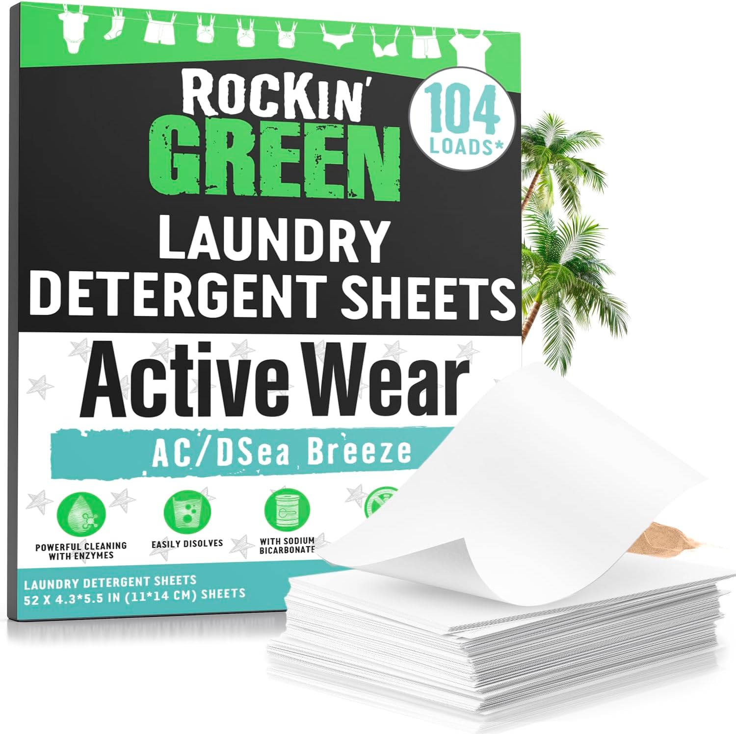 Rockin Green Active Wear Laundry Detergent Sheets AC/DSea Breeze, stack of white detergent sheets.
