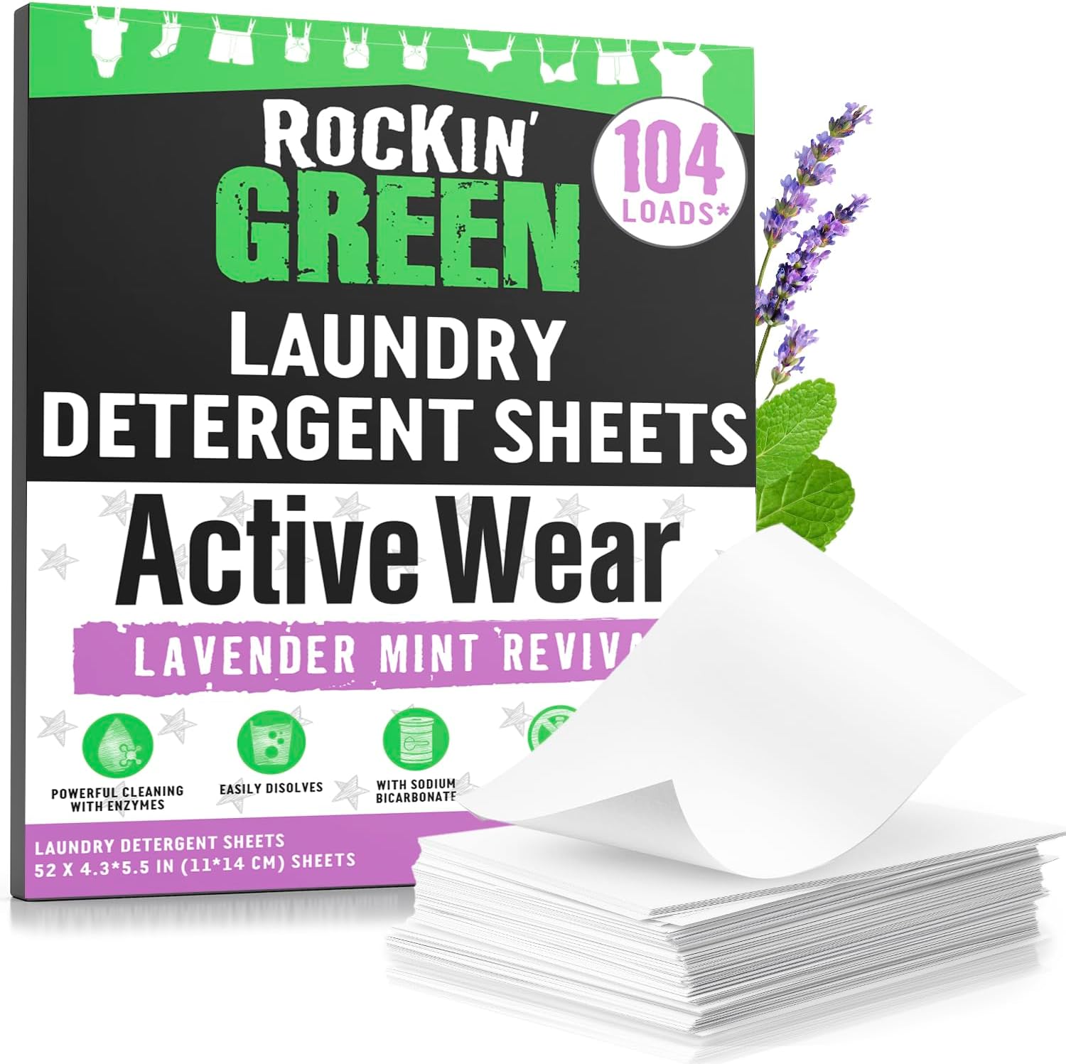 Rockin Green Active Wear Laundry Detergent Sheets Lavender Mint Revival shown in box with sheets in front.