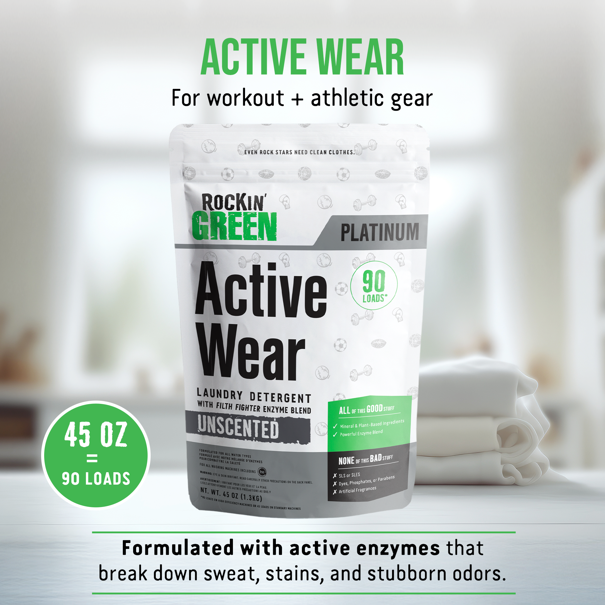 Active Wear Laundry Detergent: Unscented (90 Loads), top odor eliminator for activewear.