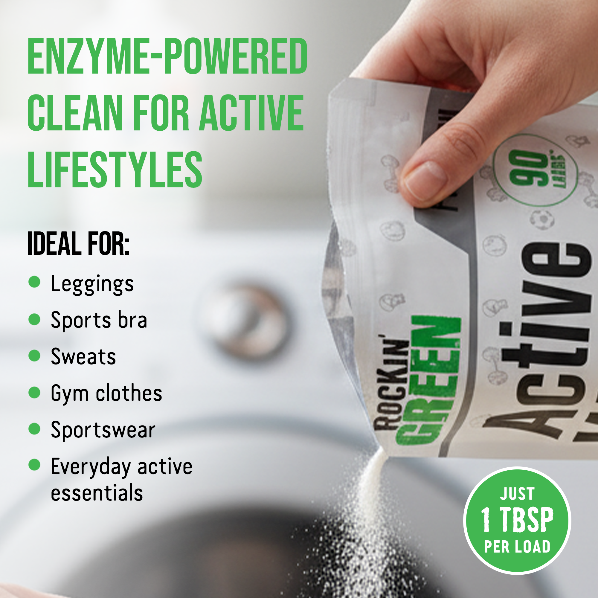 Hand pouring Bruce Spring-Clean Starter Kit by Laundry Detergent, text highlights enzyme-powered clean.