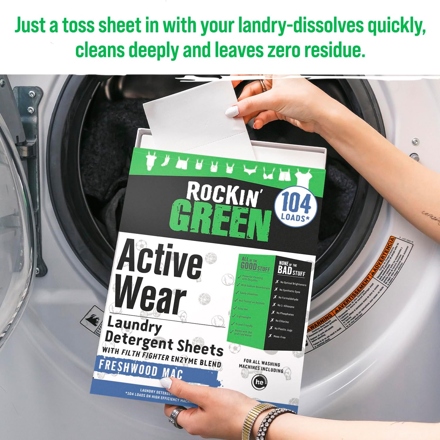 Adding Rockin Green Active Wear Laundry Detergent Sheets Freshwood Mac to the washer.