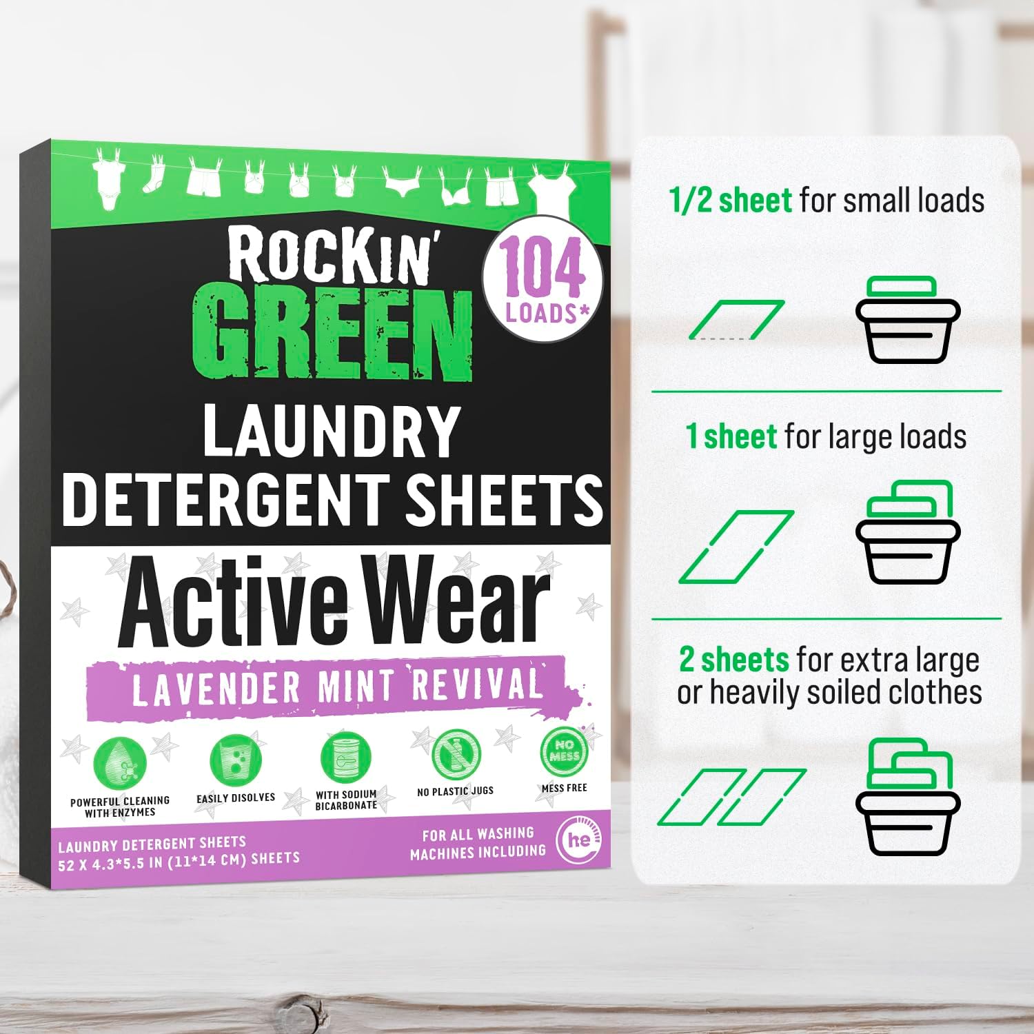Rockin Green Active Wear Detergent Sheets Lavender Mint Revival with guide for all laundry load sizes.
