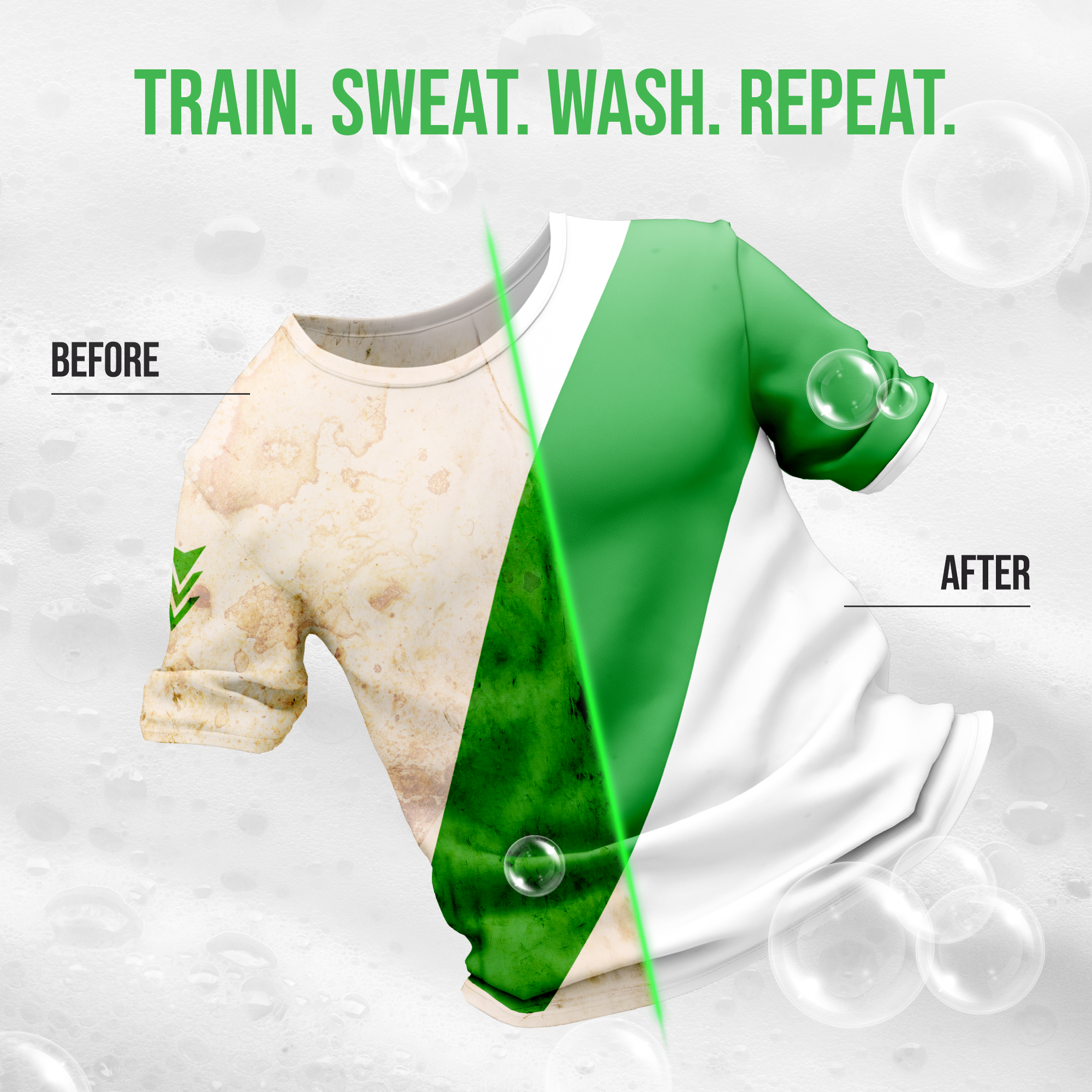 See a green and white shirt go clean with Laundry Detergent’s Active Wear Unscented (90 Loads).
