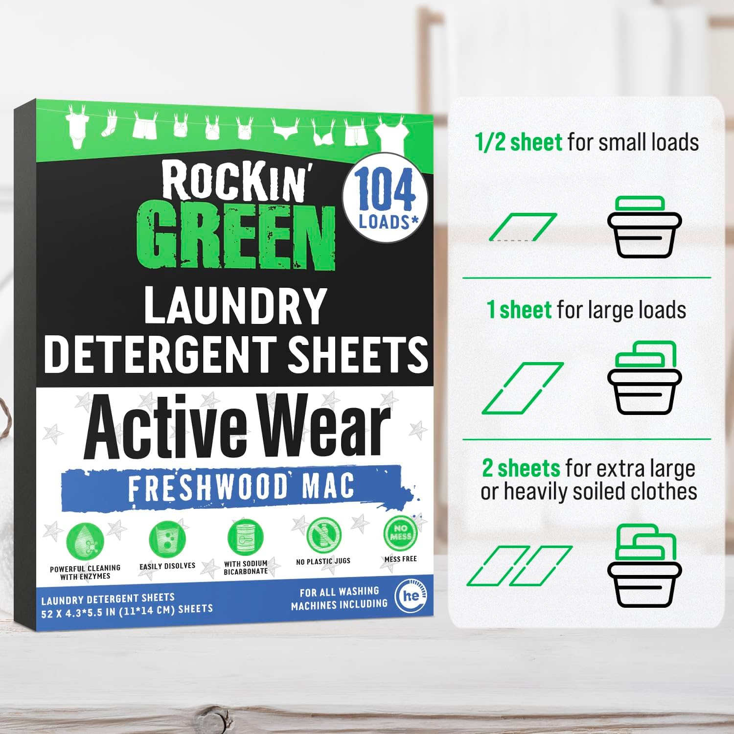 Rockin Green Active Wear Laundry Detergent Sheets Freshwood Mac, includes usage guide for all loads.
