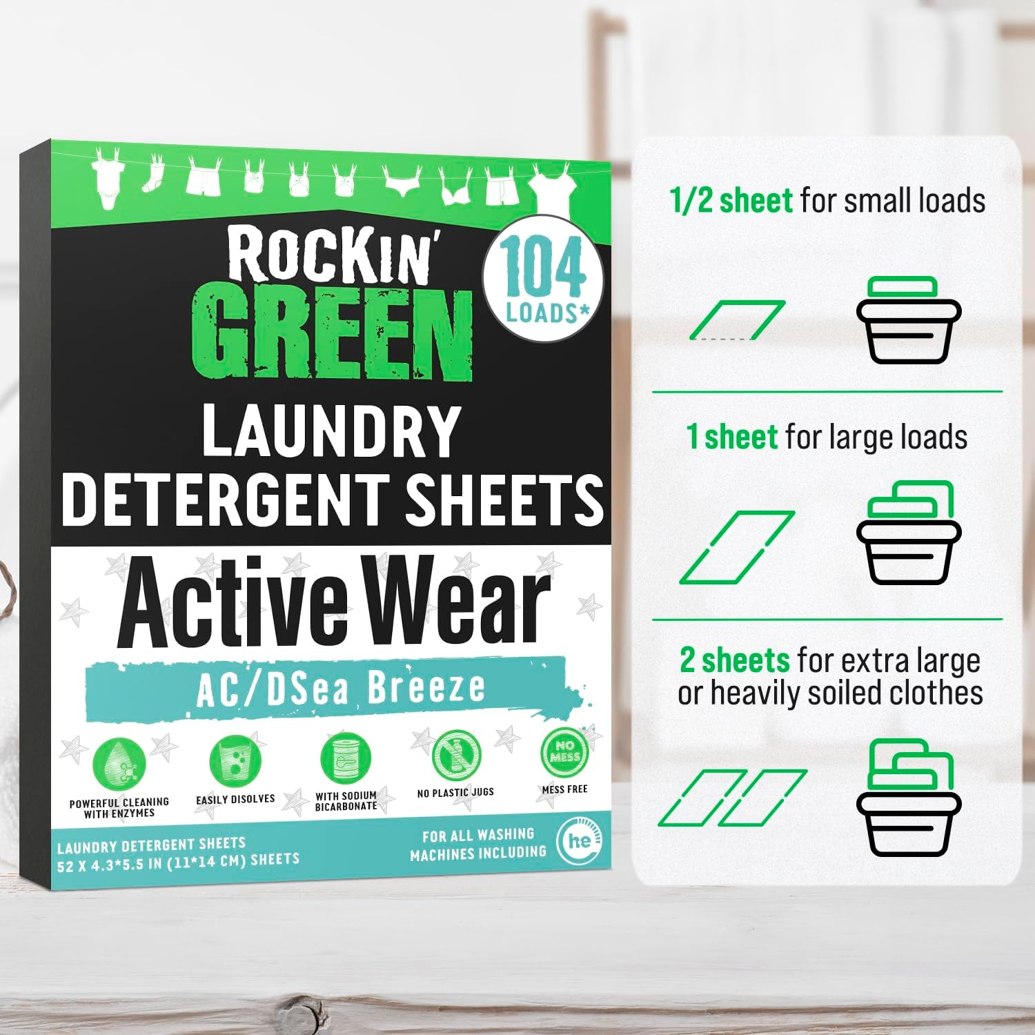 Rockin Green Active Wear Laundry Detergent Sheets AC/DSea Breeze with usage guide for all load sizes.