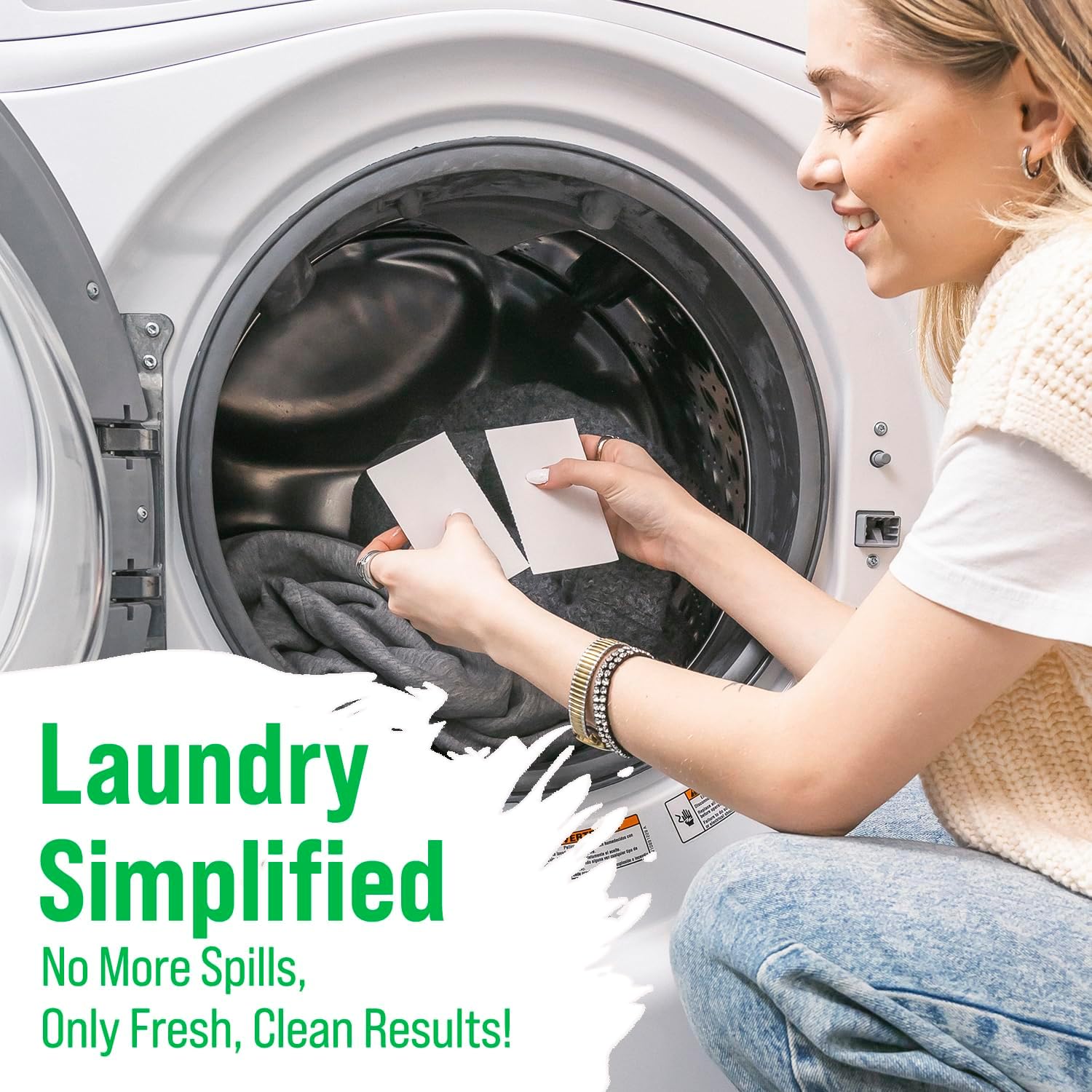 Woman adds Rockin Green Active Wear Laundry Detergent Sheets Freshwood Mac. No more spills.